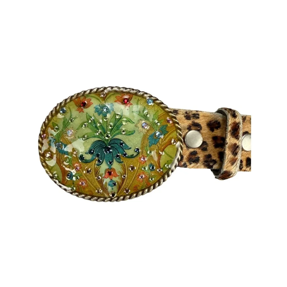 DL Rhein Leopard Calf Hair Belt Ornate Floral Rhinestone Buckle Animal Print